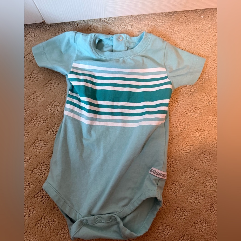 Rugged Butts Striped Baby Onesie in Teal and White
